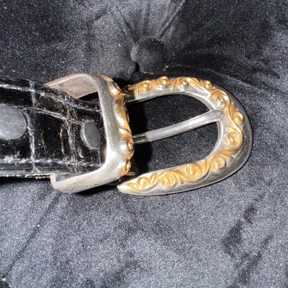 VTG Nocona Scrollwork Black Leather Belt Silver Gold Made in USA Texas Cowgirl - Picture 8 of 11